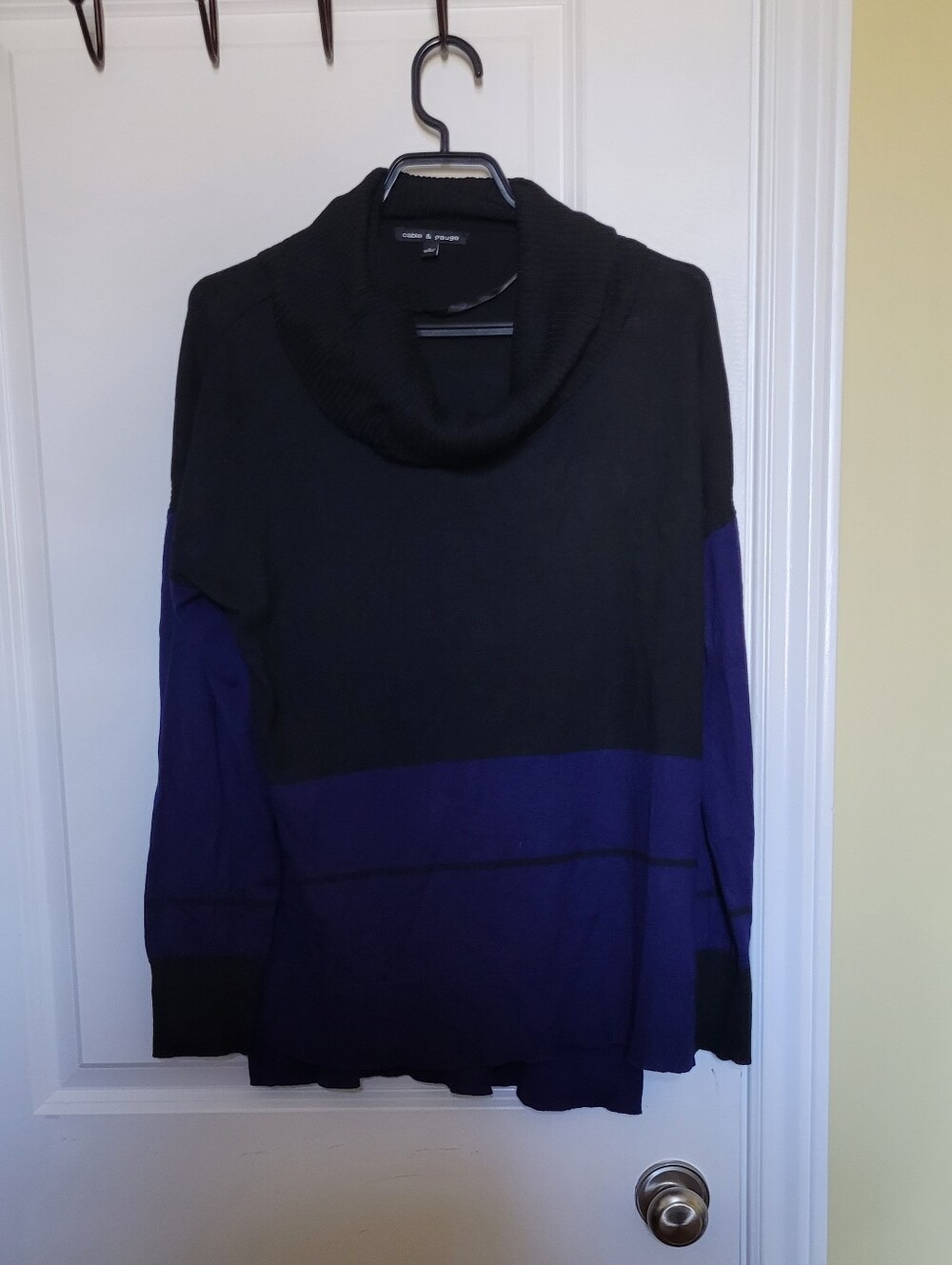 Cable and Gauge sweater cowl neck black blue color block pullover fall winter